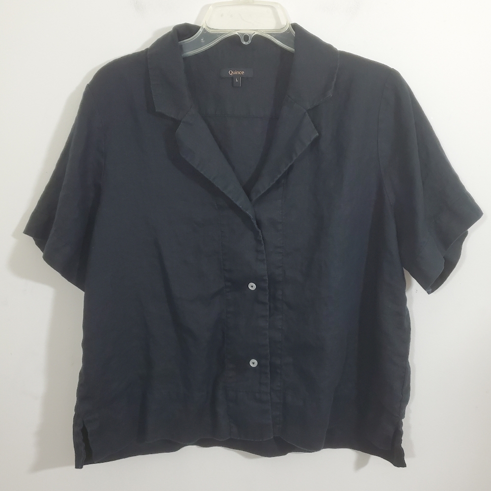 Quince 100% European Linen Short Sleeve Shirt Black Boxy Cropped Size Large Boho - Picture 2 of 9